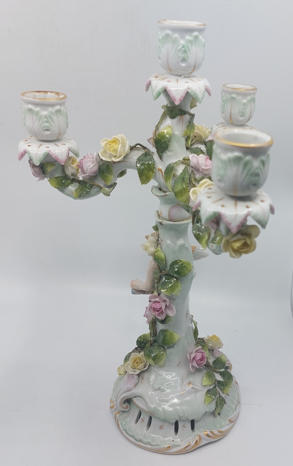 A pair of early 20th century German porcelain figural and flower encrusted candelabra, each with - Image 6 of 12