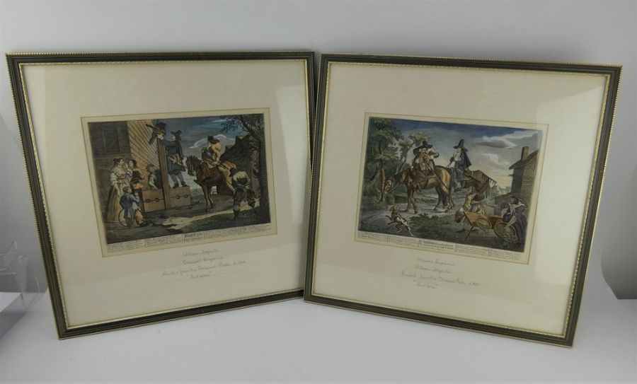 Pair of William Hogarth hand tinted engravings, c1820, from the Hudibras series. Farmed and glazed.