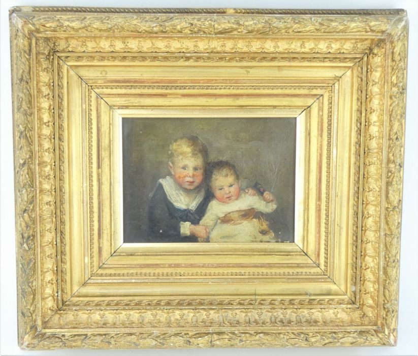 Late 19th century oil on canvas portrait of two children mounted in deep gilt gesso frame. - Image 7 of 12