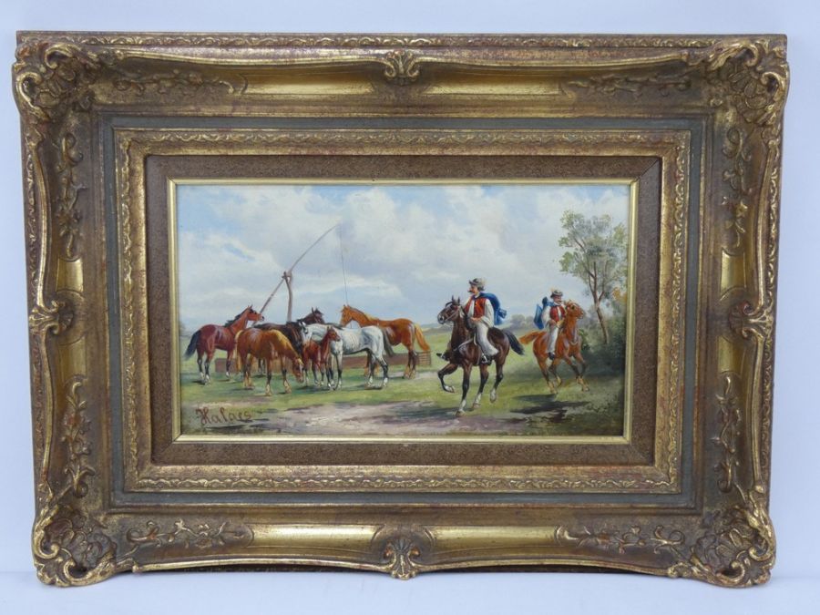 Pair of Continental school oil on panel rural scenes in gilt frames, signed Halors - Image 5 of 14