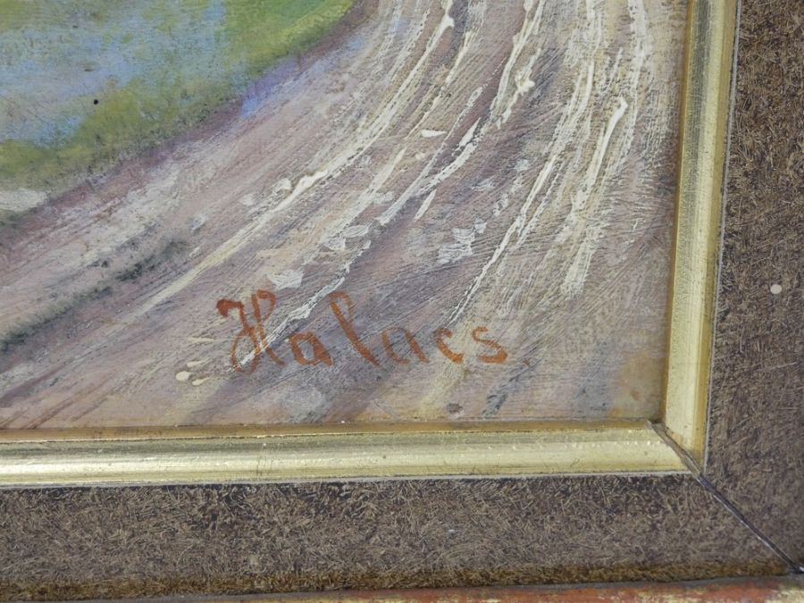 Pair of Continental school oil on panel rural scenes in gilt frames, signed Halors - Image 4 of 14