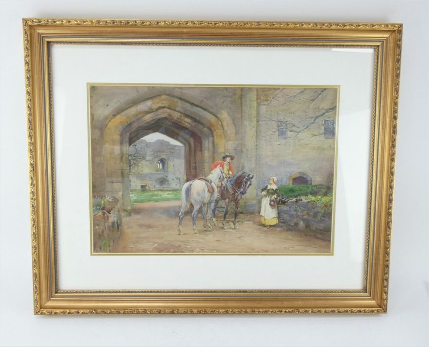John Sanderson-Wells (1872-1955) watercolour, 18th century horseman and maiden castle scene