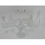 A pair of Waterford crystal table lustres, Waterford decanter and brandy glass, 3 other decanters