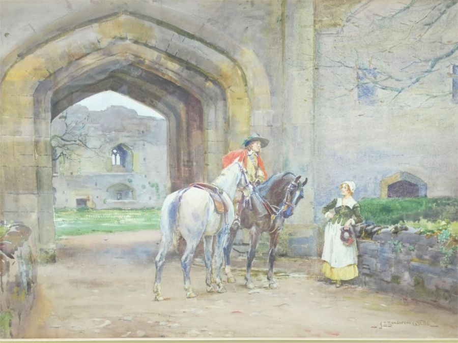 John Sanderson-Wells (1872-1955) watercolour, 18th century horseman and maiden castle scene - Image 5 of 6