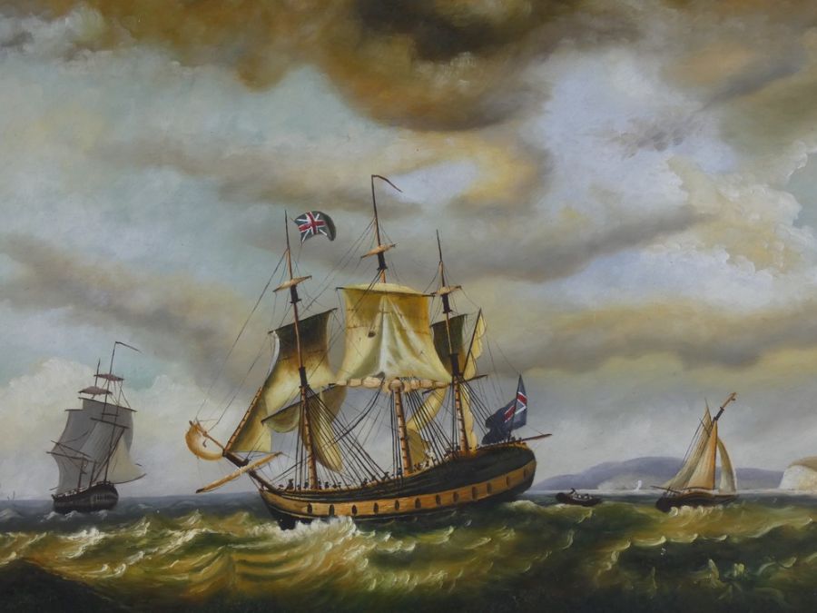 A contemporary 18th century style maritime scene, oil on board in ornate gilt frame. Frame: 62cm x 5 - Image 2 of 3