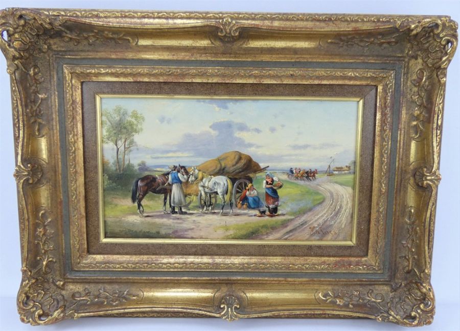 Pair of Continental school oil on panel rural scenes in gilt frames, signed Halors - Image 9 of 14