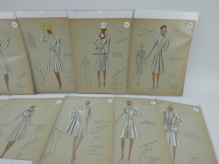 22 x American Fashion designs by Pearl Levy Alexander, hand coloured, 1939- 1940 - Image 17 of 21
