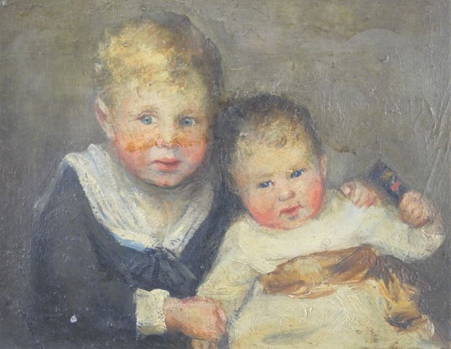 Late 19th century oil on canvas portrait of two children mounted in deep gilt gesso frame. - Image 2 of 12