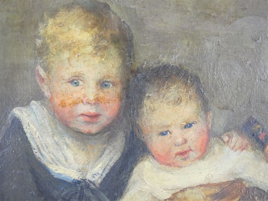 Late 19th century oil on canvas portrait of two children mounted in deep gilt gesso frame. - Image 3 of 12