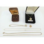 Mixed 9ct gold jewellery including a St Christopher, heart locket, diamond stud earrings, bracelet &