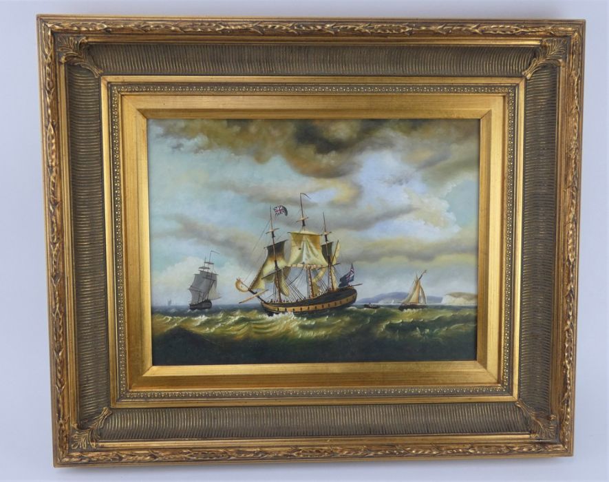 A contemporary 18th century style maritime scene, oil on board in ornate gilt frame. Frame: 62cm x 5