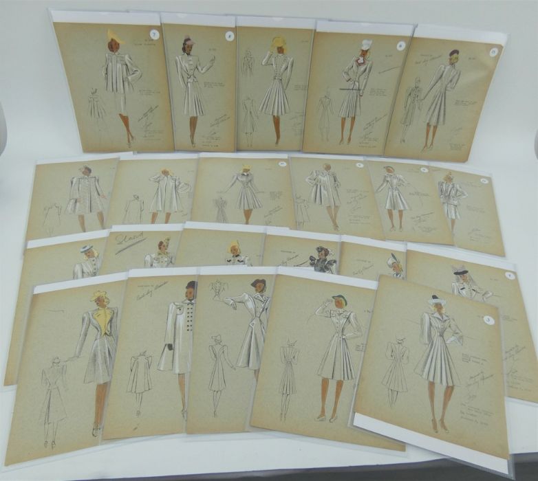 22 x American Fashion designs by Pearl Levy Alexander, hand coloured, 1939- 1940