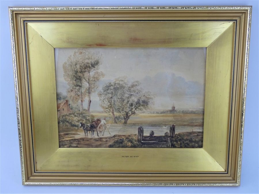 Peter de Wint OWS (1784-1849), attributed. River scene with church. Watercolour on paper.