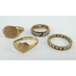 Four 9ct gold rings including two signet rings and two stone set rings. One A/F.