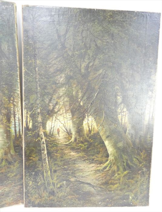J Lascelles, pair of 19th century oil on canvas woodland scenes, 'Silver beeches' & 'Pathway thro th - Image 9 of 14