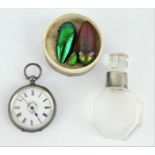 An ornate Swiss silver cased fob watch, 38mm diameter, thee specimen scarab beetles