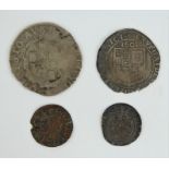 James I hammered silver sixpence, Charles I shilling and farthing, and Edward I penny