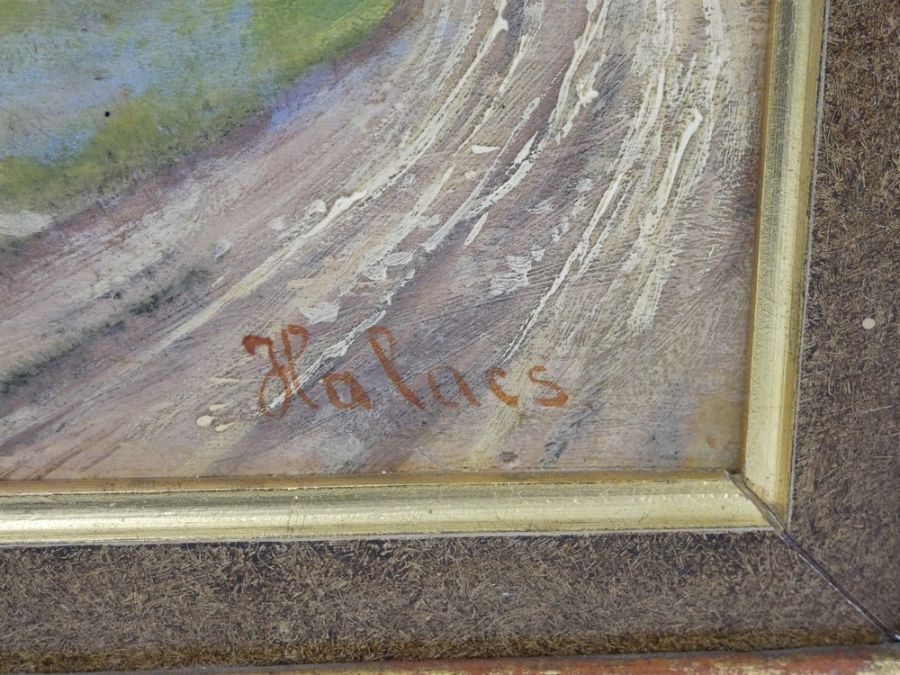 Pair of Continental school oil on panel rural scenes in gilt frames, signed Halors - Image 11 of 14