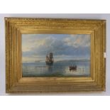 19th century maritime scene depicting ships off shore. Oil on board. Signed Fritz W Lund, 1884.