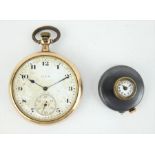 Early 20th century gun metal button hole watch and an Elgin pocket watch.