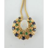 14ct gold peacock style pendant & chain set with sapphires and emeralds around a central white opal