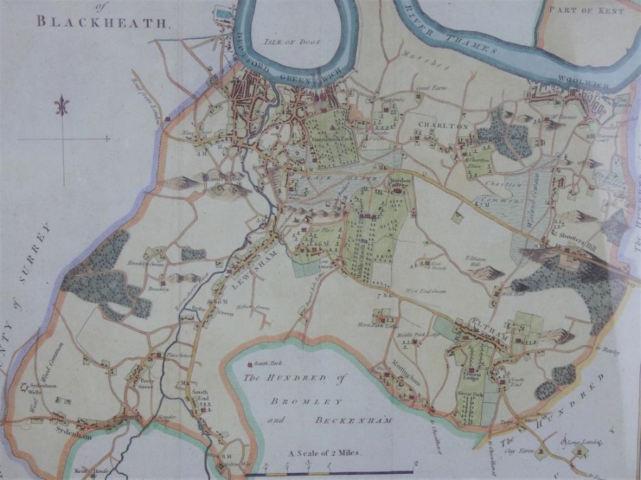 Late 18th century Map of the Hundred of Blackheath, hand tinted engraving c1797. Framed and glazed - Image 2 of 3