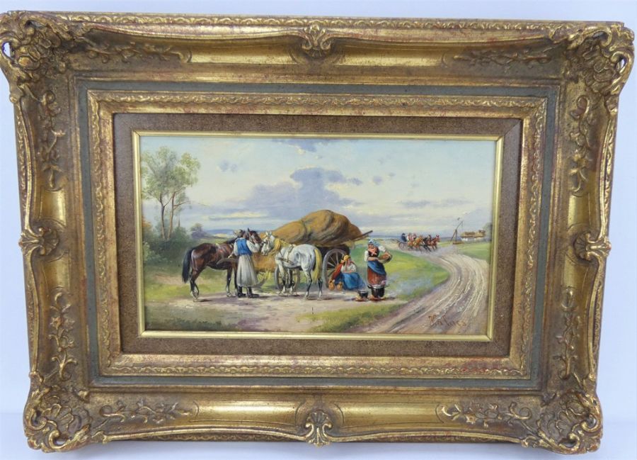 Pair of Continental school oil on panel rural scenes in gilt frames, signed Halors - Image 2 of 14