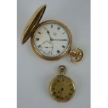 An ornately engraved 14ct gold fob watch and a Limit No 3N hunter pocket watch in rolled gold case