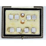 Antique 9ct gold and pearl gentleman's cufflink and shirt stud set in case