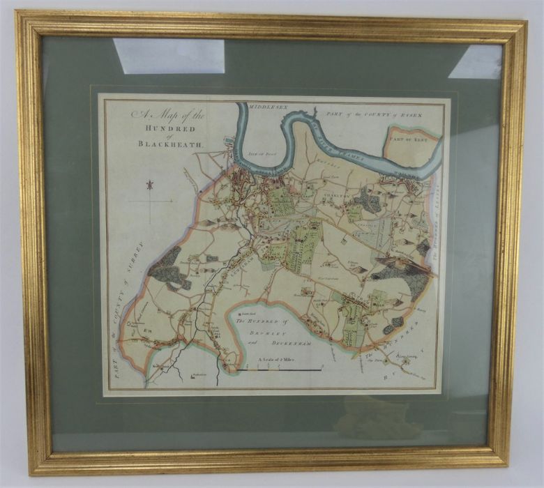 Late 18th century Map of the Hundred of Blackheath, hand tinted engraving c1797. Framed and glazed