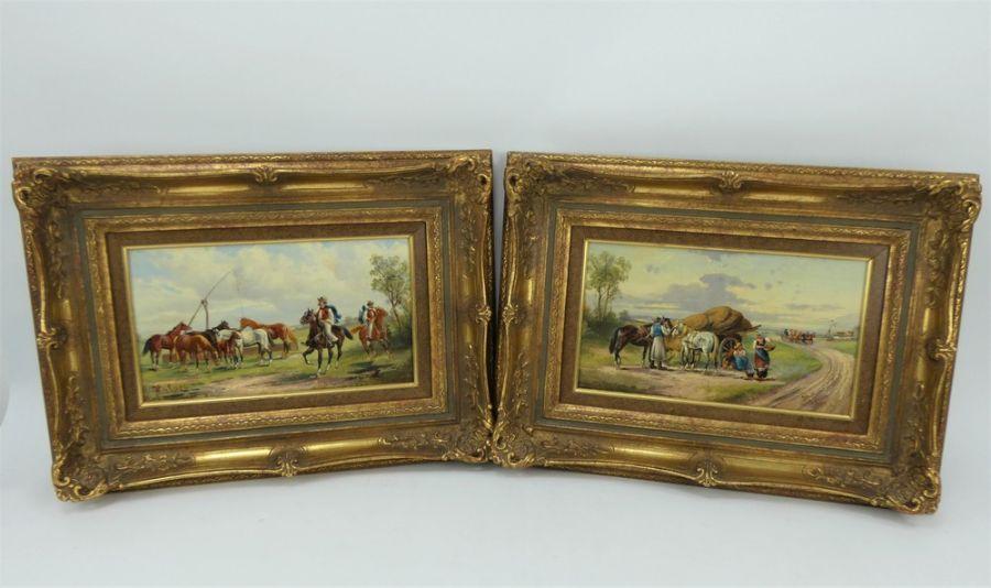 Pair of Continental school oil on panel rural scenes in gilt frames, signed Halors - Image 8 of 14