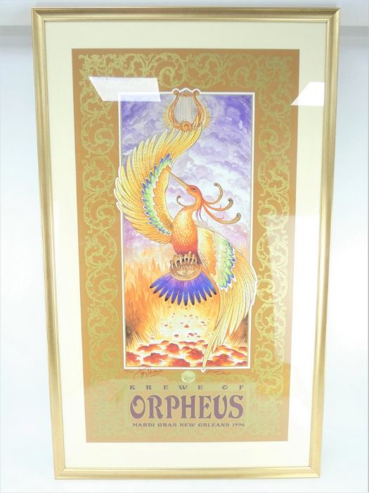 1996 Krewe of Orpheus New Orleans Mardi Gras poster, hand signed by Jay Thomas. Framed and glazed