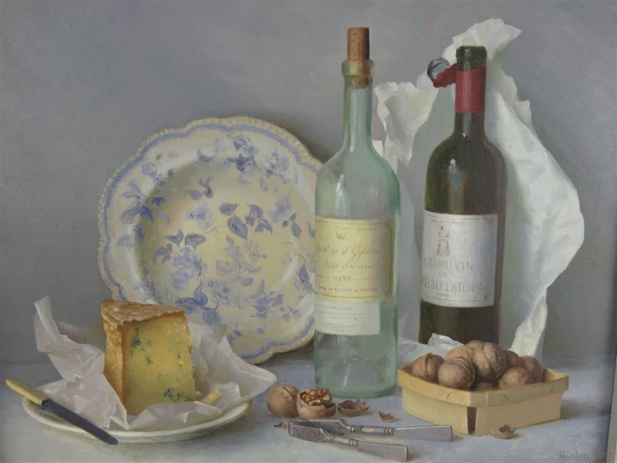 Gerald Norden (1912-2000), still life 'Wine, cheese and nuts', oil on board. Frame 61cm x 51cm - Image 2 of 3