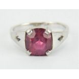 18ct white gold and platinum ring with single cushion cut red spinel stone, approx 3.25 carat