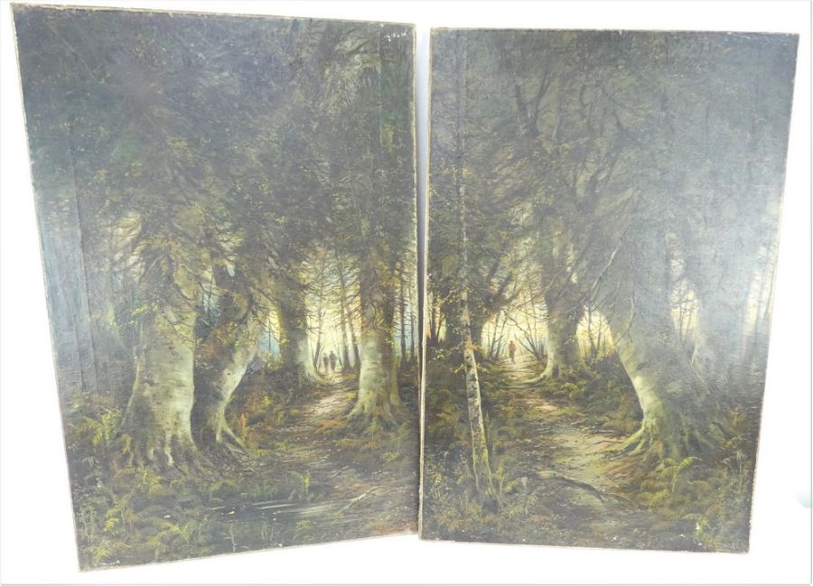 J Lascelles, pair of 19th century oil on canvas woodland scenes, 'Silver beeches' & 'Pathway thro th