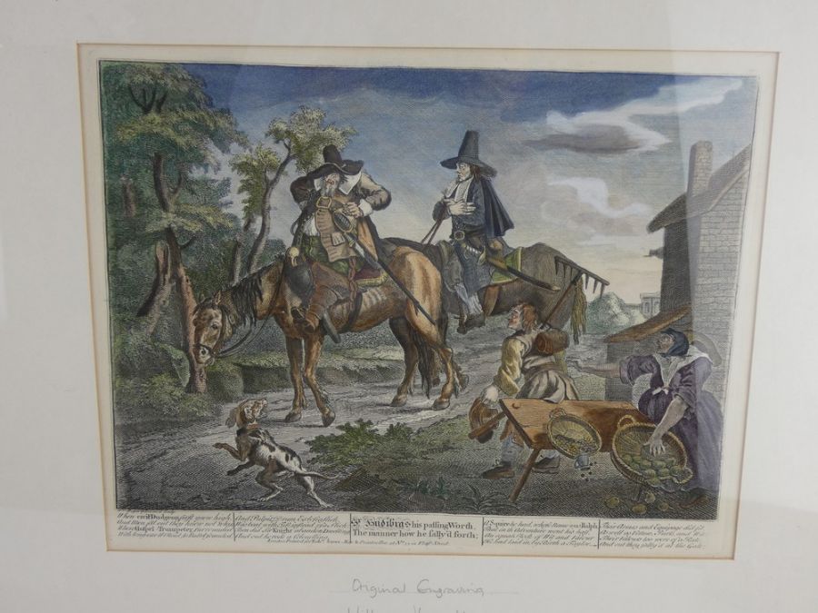 Pair of William Hogarth hand tinted engravings, c1820, from the Hudibras series. Farmed and glazed. - Image 3 of 4