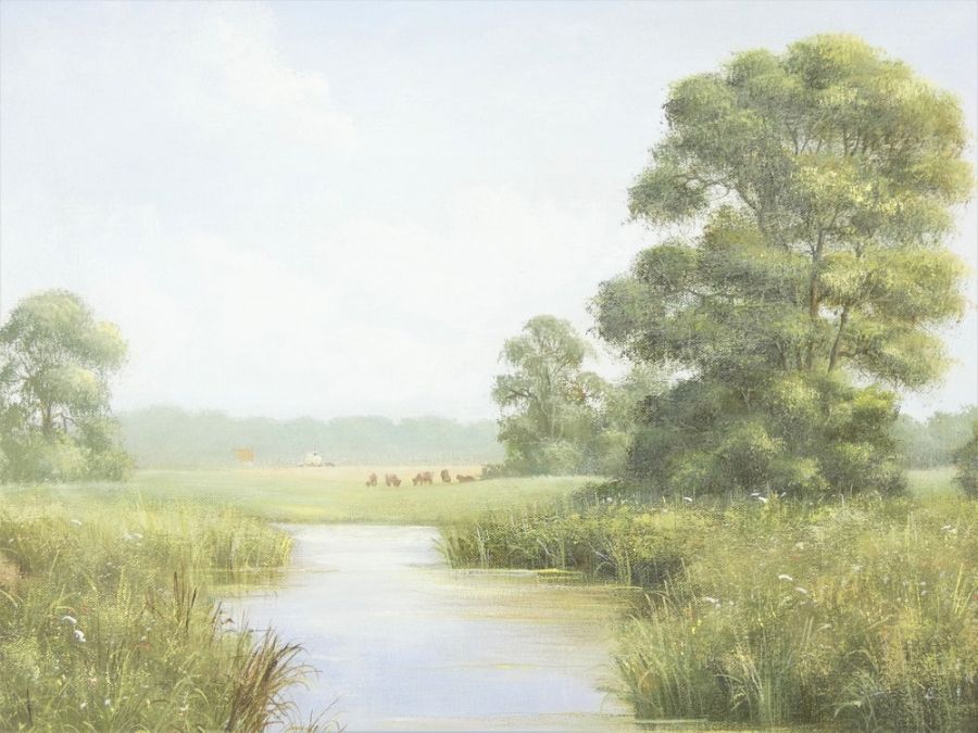 Edward Hersey (b.1948), British, River meadow scene with cattle, oil on canvas. - Image 6 of 8