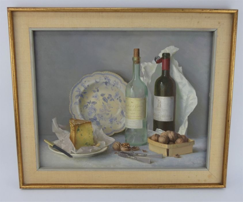 Gerald Norden (1912-2000), still life 'Wine, cheese and nuts', oil on board. Frame 61cm x 51cm