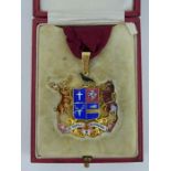 18ct gold 1920s enamelled mayoral badge for the Borough of Lewisham. Richly enamelled coat of arms