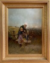 Thomas Gray (British, 19th Century). A Girl and Her Grandfather at a Stile, signed l.l., oil on