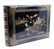 Japanese lacquered postcard album, c. 1910, filled to end with 72 postcards depicting