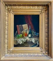 Moriz Mansfeld (Austrian, 1850-1890). Still Life with Champagne & Books, signed & dated at upper