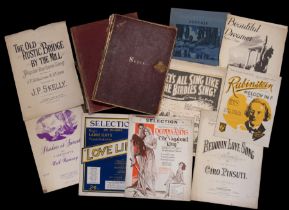 Music. A collection of music scores, some signed, in two worn volumes lettered in gilt, 'H. Payne'