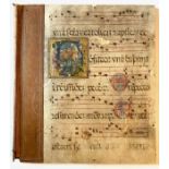 Medieval music manuscript, vellum, fragment, rubricated capitals, illuminated gilt panel depicting