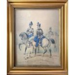 A collection of prints to include a large 19th-century hand-coloured lithograph depicting cavalry