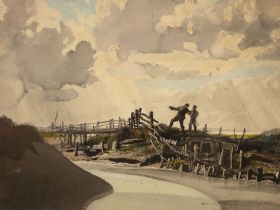 Rowland Hilder (British, 1905-1993). Two Figures Approaching a Bridge, likely an illustration for