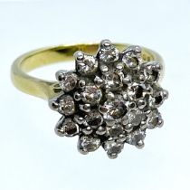 A diamond and 18ct yellow gold cluster ring. An estimated combined diamond weight of approximately