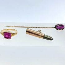 A collection of antique and vintage jewellery. Comprising a garnet cabochon stick pin in unmarked