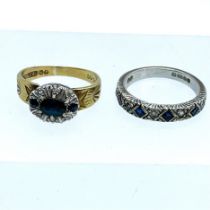 Two dress rings. A three sapphire and pave set diamond ring stamped "18ct" to the shank and