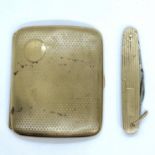 A 9ct gold cigarette case along with a 9ct gold cased pen knife. The cigarette case has an